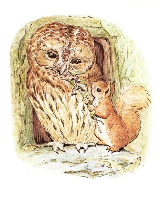 buho y conejito estilo beatrix potter